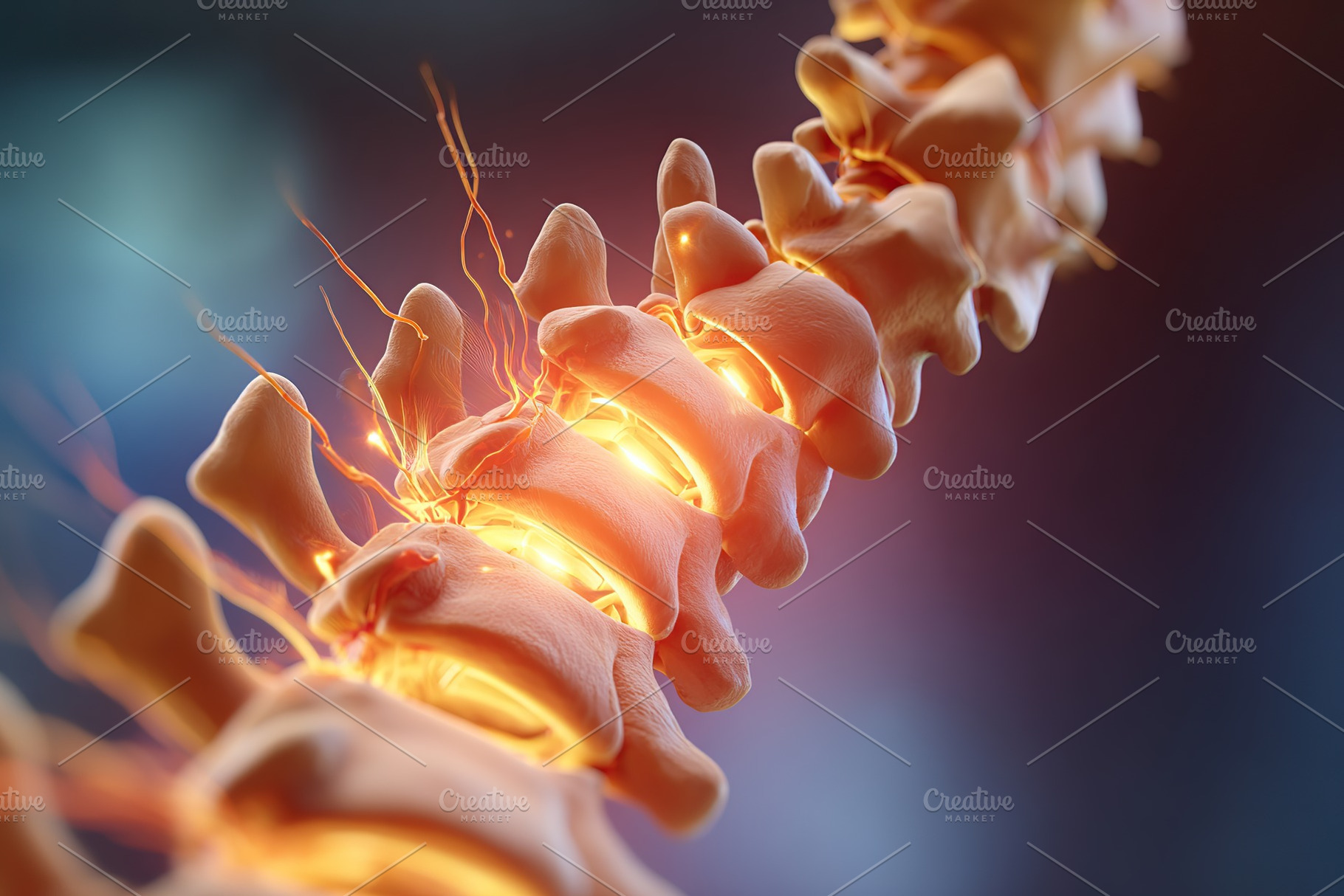 Rendering of spinal disc herniation showing affected vertebrae and surrounding, a Health & Medical Photo by AlyaAnd