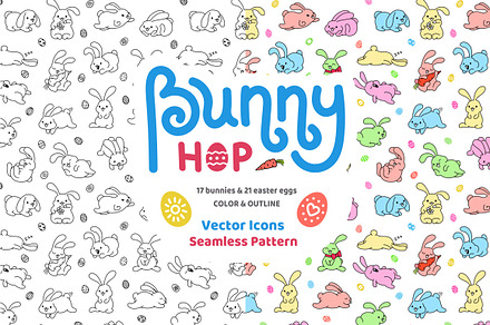 Bunny Hop Icons And Seamless Pattern