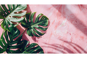 Tropical green leaves on pink marble, an Abstract Photo by piter.goskov