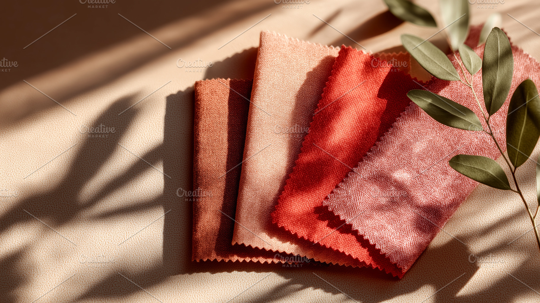 Elegant Fabric Swatches with Leaf Shadows Showcasing Textures and Warm Earth To, an Arts & Entertainment Photo by Ocean Digital Art