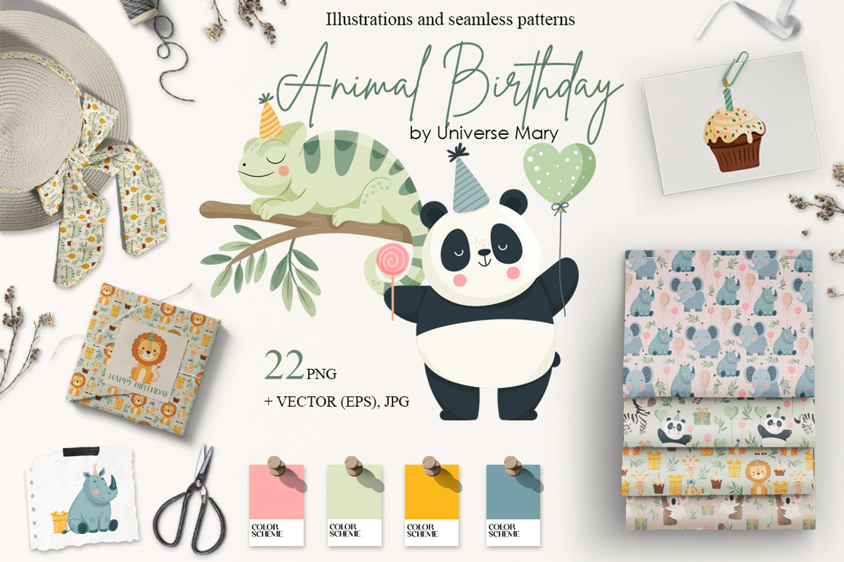Cute Animal Birthday Vector Set, an Animal Illustration by Universe Mary (Photo 1 of 8)