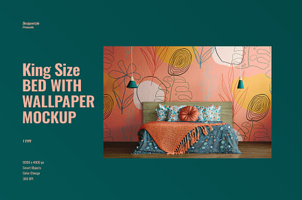 King Size Bed With Wallpaper Mockup