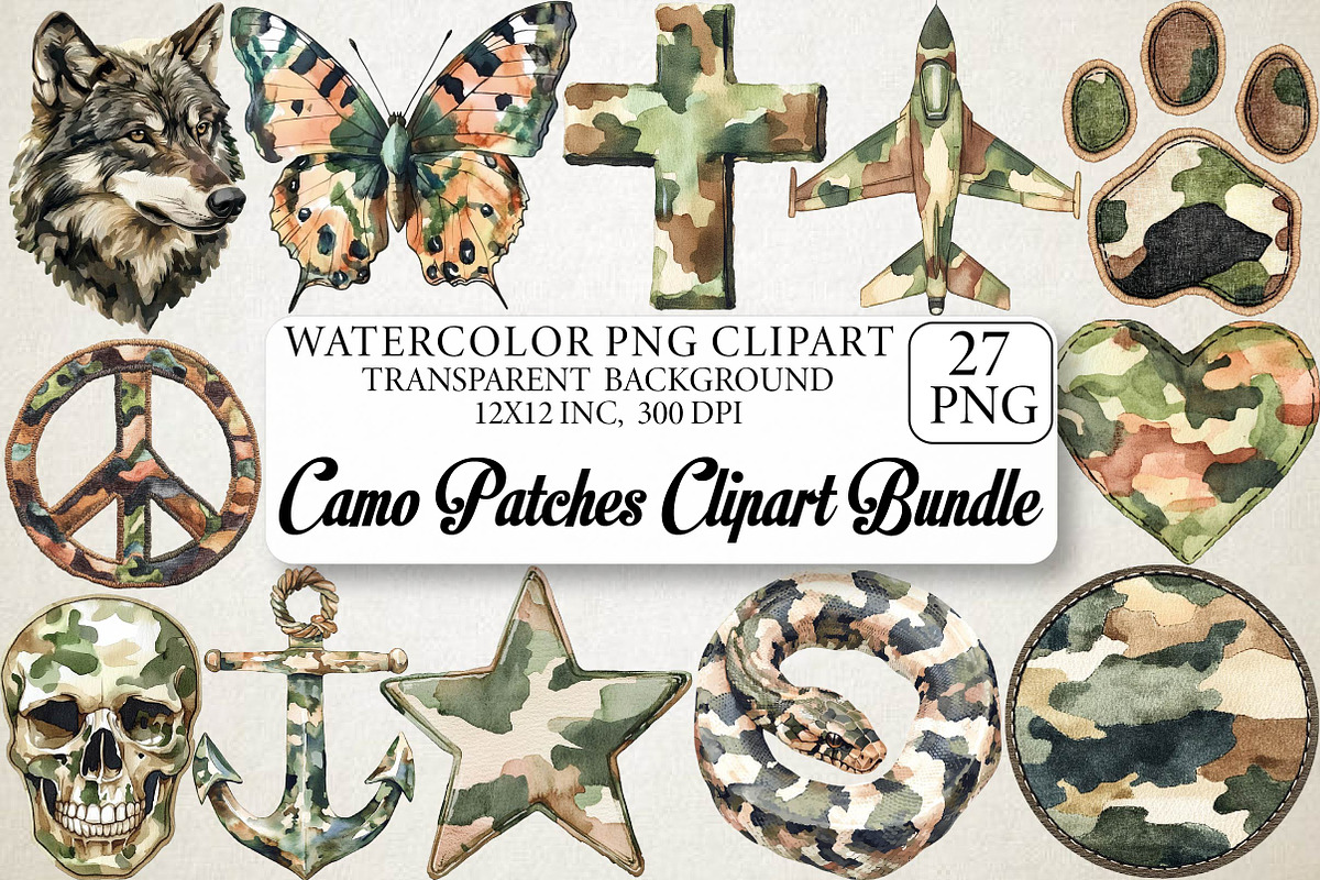 Watercolor Camo Patches Clipart Bund, an Illustration by DreamPrint404 (Photo 1 of 6)