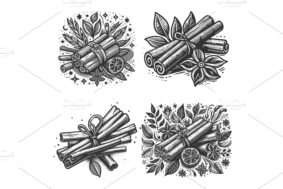 Cinnamon Stick engraving set vector, a Food Illustration by AlexArt