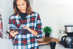 Hipster girl using tablet technology containing tablet, home, and relax