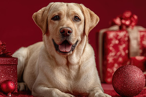 Happy Labrador Retriever Christmas Portrait with Red Gifts and F, a Background Photo by José Manuel Gelpi
