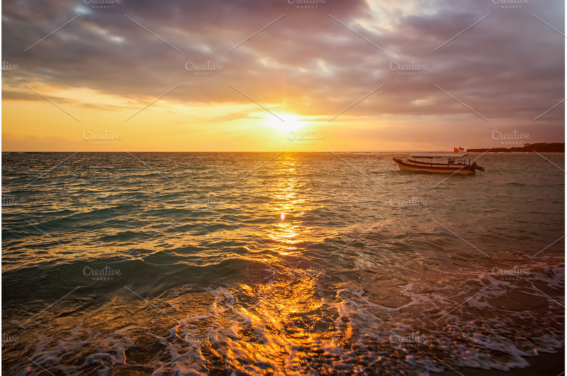 Calm ocean with boat on sunrise, a Nature Photo by f9photos