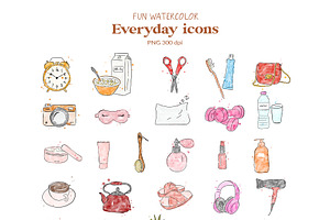 Everyday Icons Watercolor Line Art