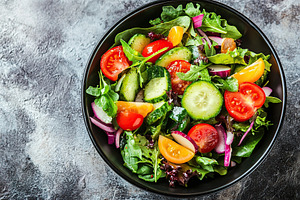 Fresh salad with vegetables in bowl, organic healthy food, a Food & Drink Photo by AlyaAnd