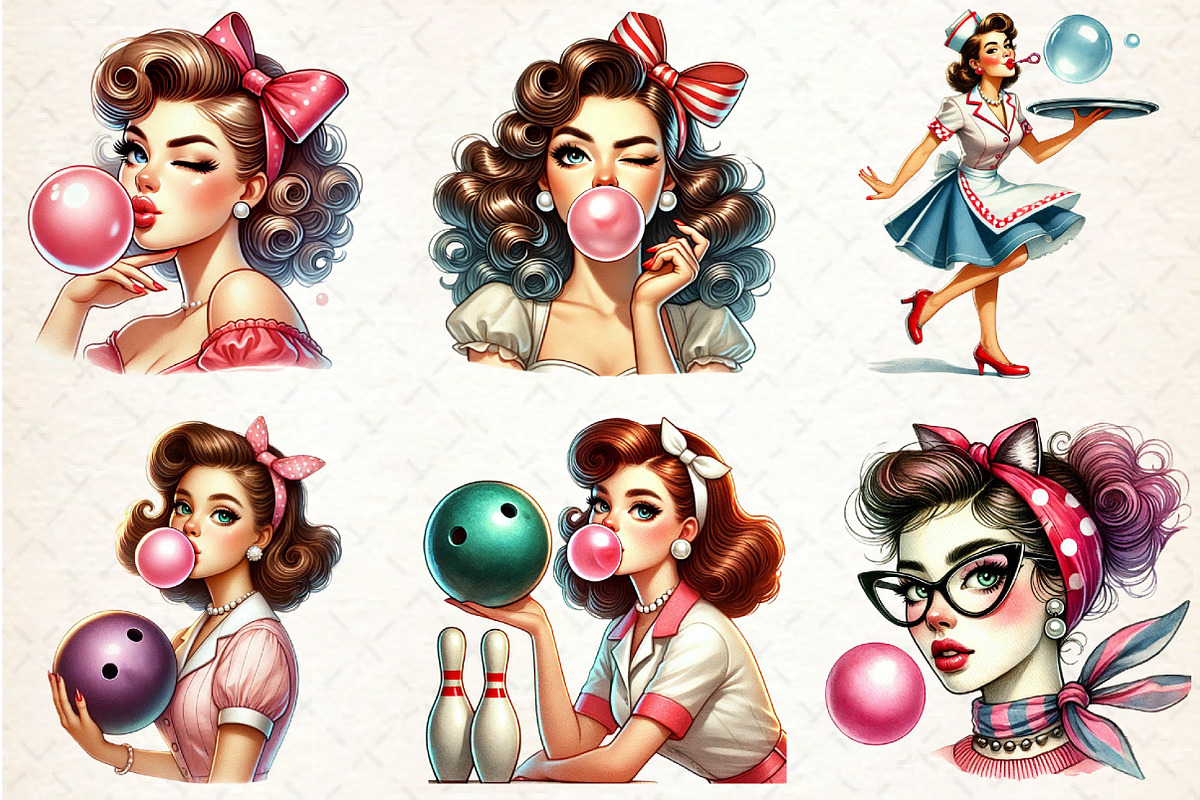 Retro Girl Blowing a Bubblegum Clipa, a Seasonal Illustration by Rose Art (Photo 3 of 4)