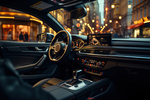 Interior of a Modern Car Driving Through a City at Night, a Photo by AS photostudio