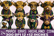 Cute Mardi Gras Highland Cow Clipart, an Illustration by SVGArt (Thumbnail 1 of 7)