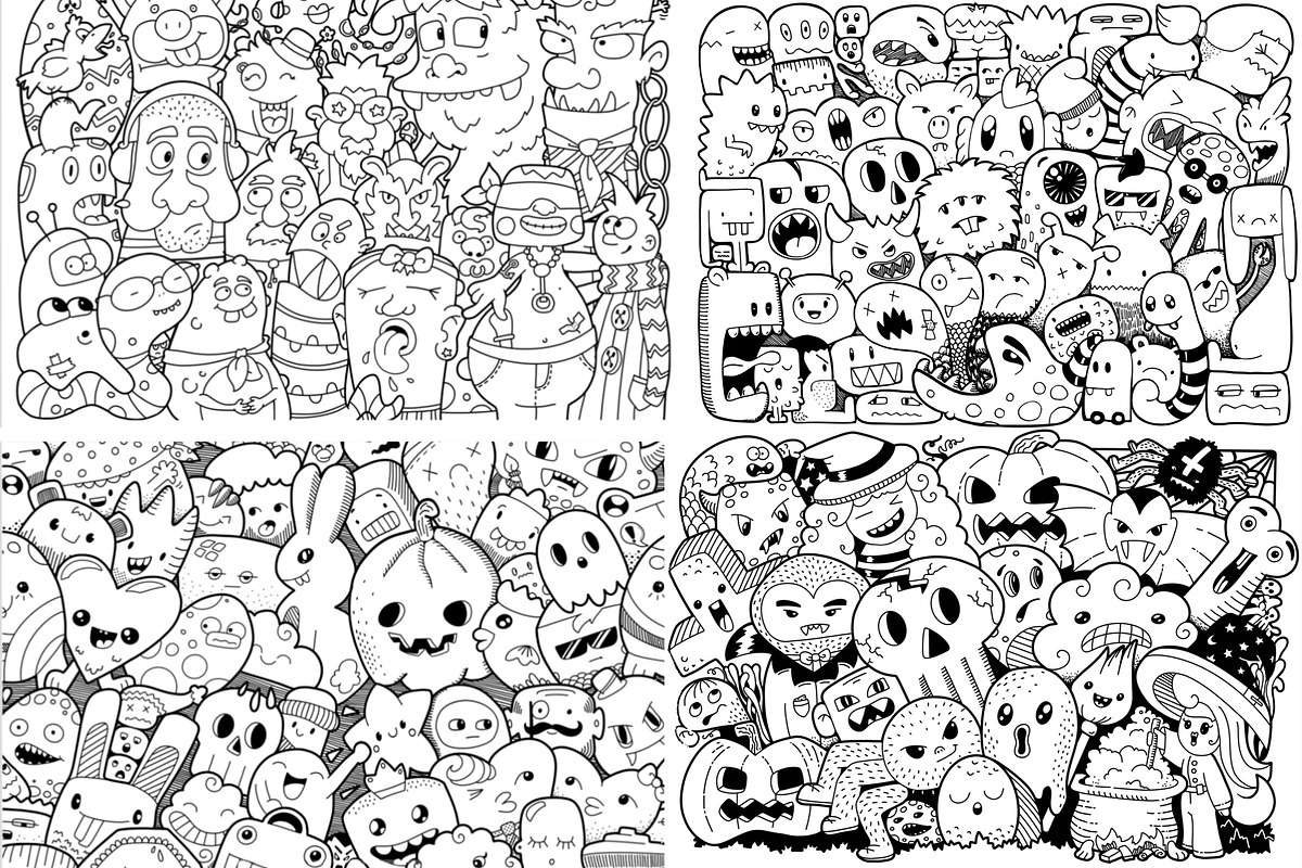 4 Doodle Monster Coloring Pages Set, a Person Illustration by buntegalerie