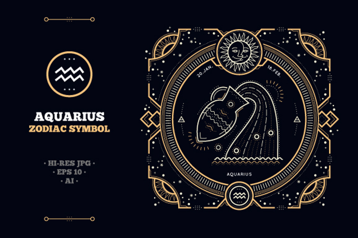 Thin line zodiac label - Aquarius, an Object Graphic by painterr (Photo 1 of 2)