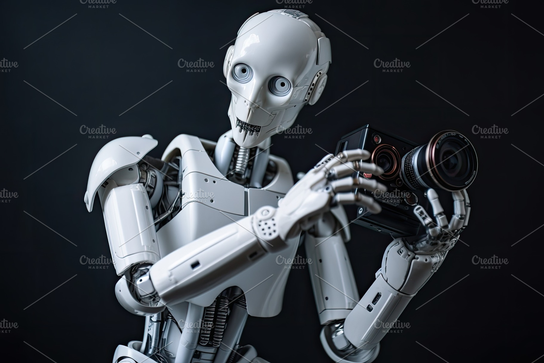 Robot holding a camera on a dark bac, a Photo by Iftikhar Alam