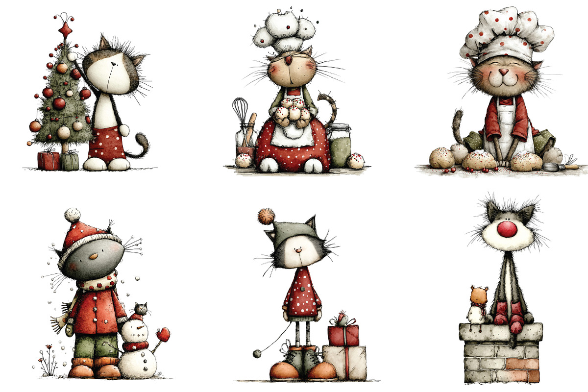 Whimsical Christmas Cats Clipart, an Illustration by CraftArtStudio (Photo 5 of 6)