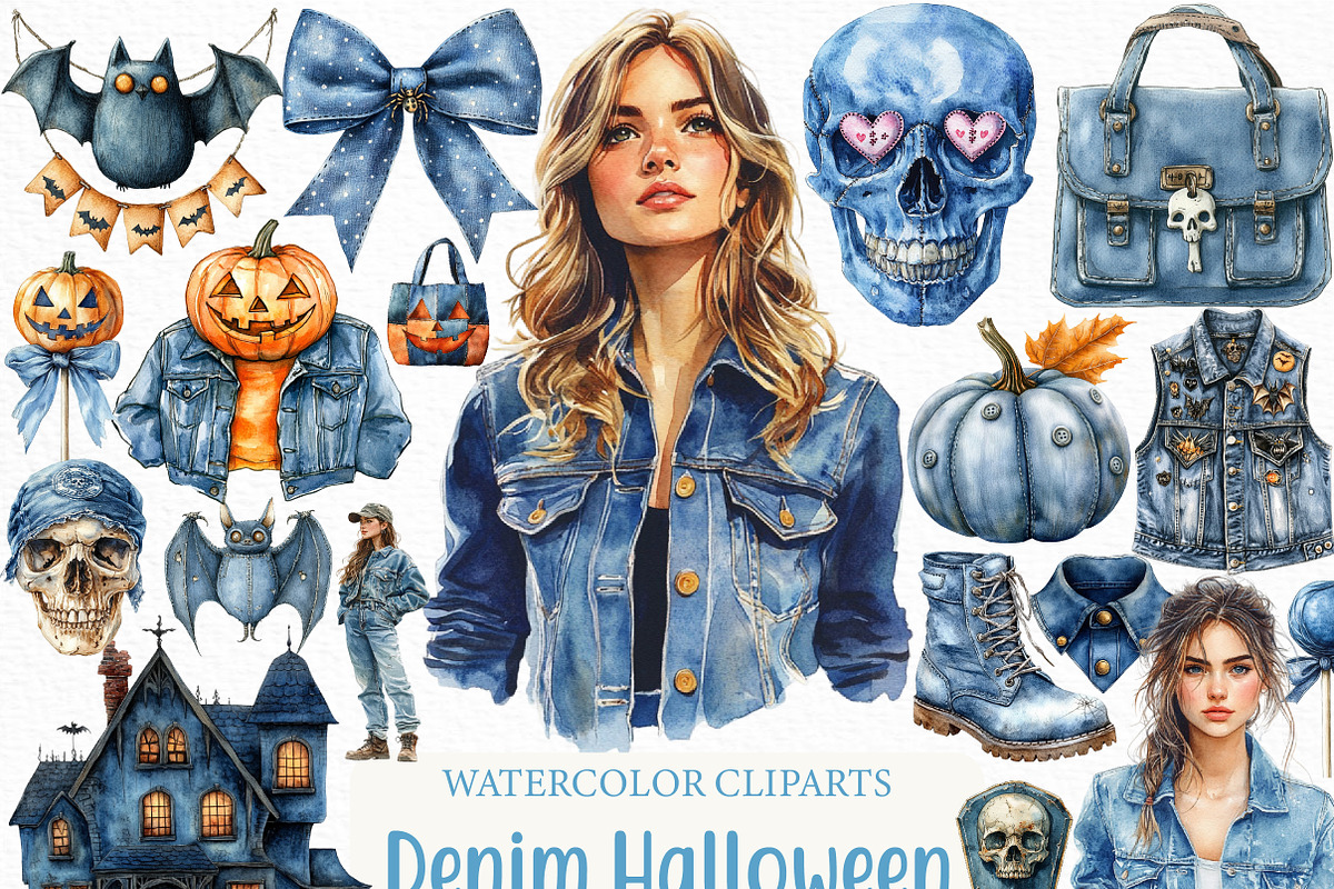 Vintage Denim Halloween Clipart, an Illustration by Craft Nest (Photo 1 of 6)