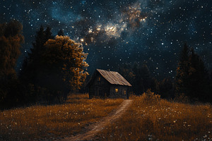 Cabin under the starry night sky, a Photo by Pavel_design