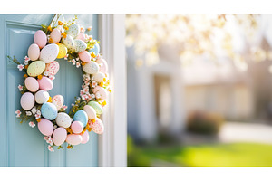 Colorful easter egg wreath on blue, a Holiday Photo by Lermont51