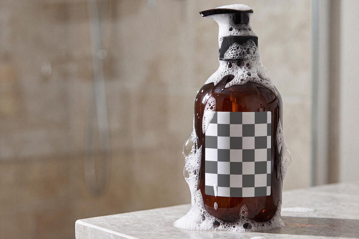 Amber Glass Pump Bottle Mockup, a Packaging Mockup by Designer Dude (Photo 2 of 2)