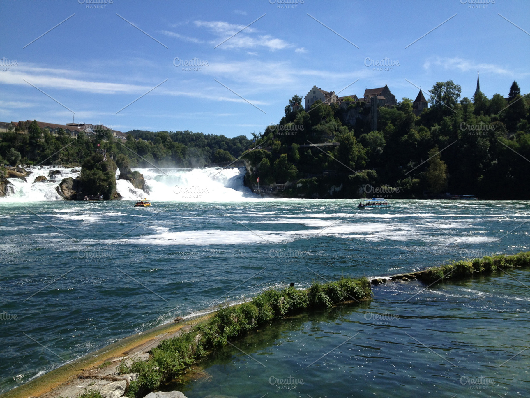 Rheinfall Waterfall And A Castle Containing Town Waterfall And Bridge