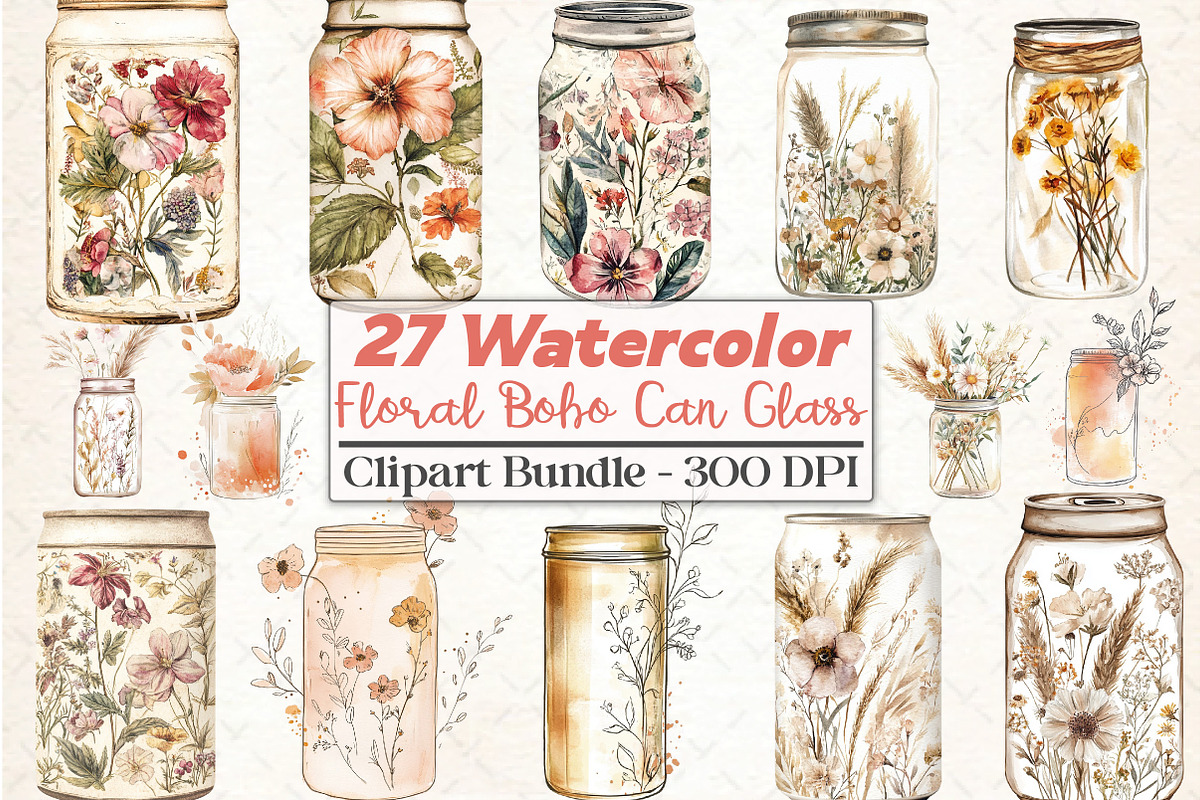 Floral Boho Can Glass Clipart, an Illustration by DreamCafeArt (Photo 1 of 5)