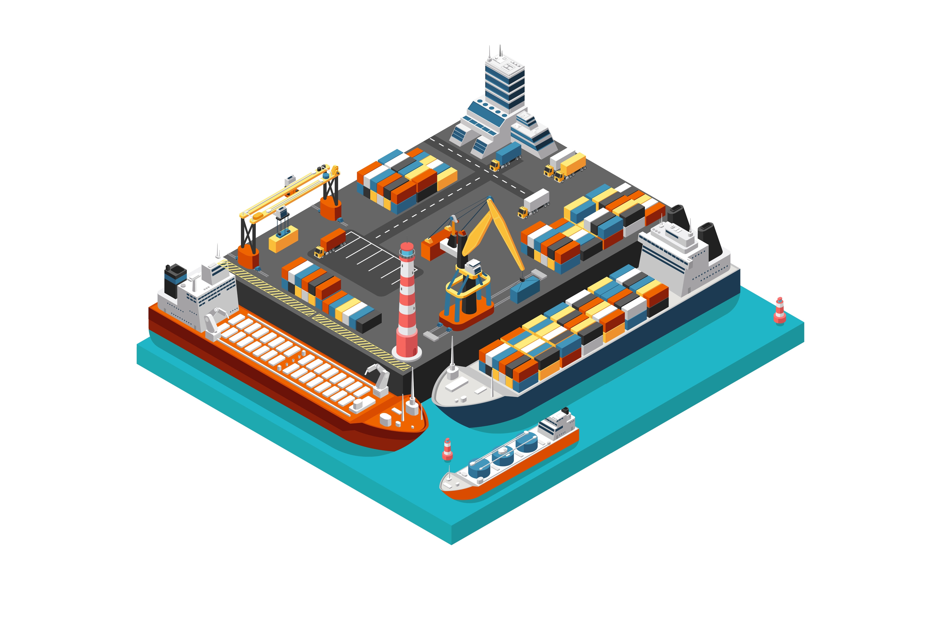 Isometric 3d seaport terminal with, a Background Graphic by Valerie Bodnar