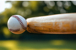 Baseball bat hitting white ball on blurred green background, a Sports & Recreation Photo by AlyaAnd