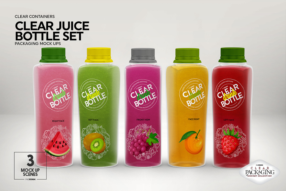 Clear Juice Bottle Sets Mockup, a Packaging Mockup by INCDesign (Photo 3 of 10)