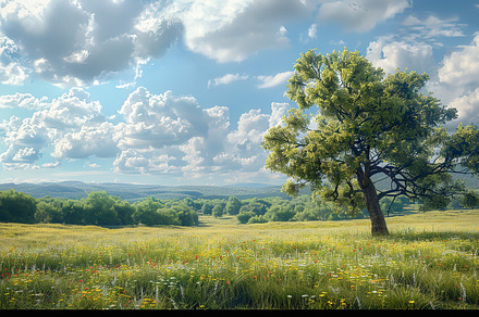 Lush green field under blue skies wi, a Photo by LOGOCREATIVE