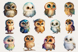 Cute Owls Watercolor Clipart. AI