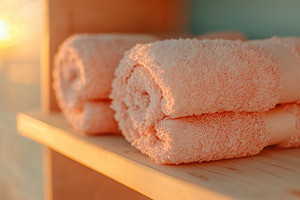 A stack of soft towels in a spa, an Abstract Photo by Imaginarium