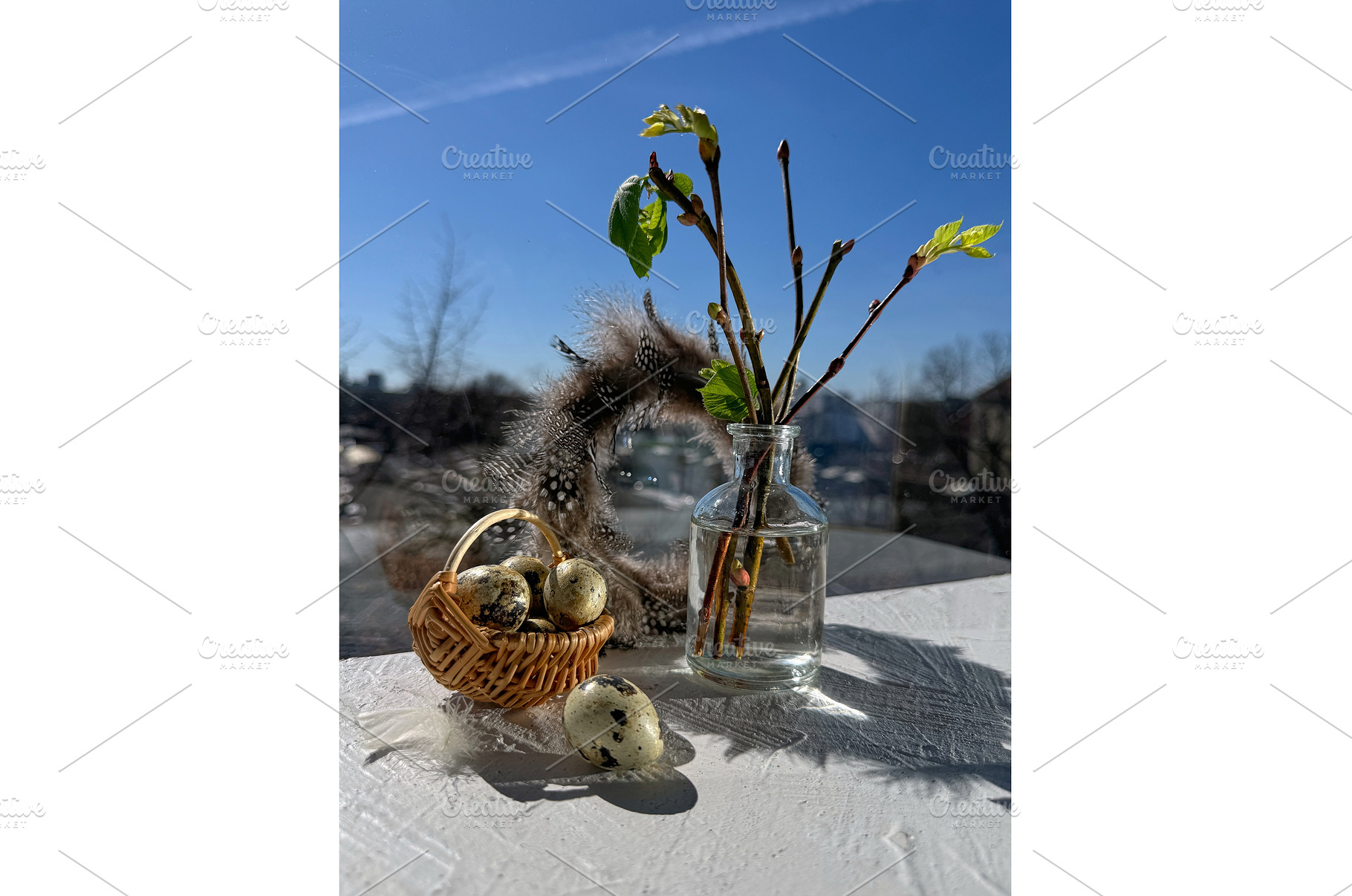 Spring still life with quail eggs in, a Photo by tilialucida