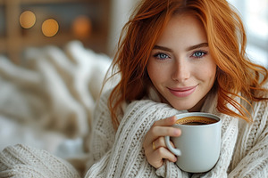 A young woman with red hair enjoys a warm cup of coffee, bundled in a cozy knit, a Person Photo by ImageMir