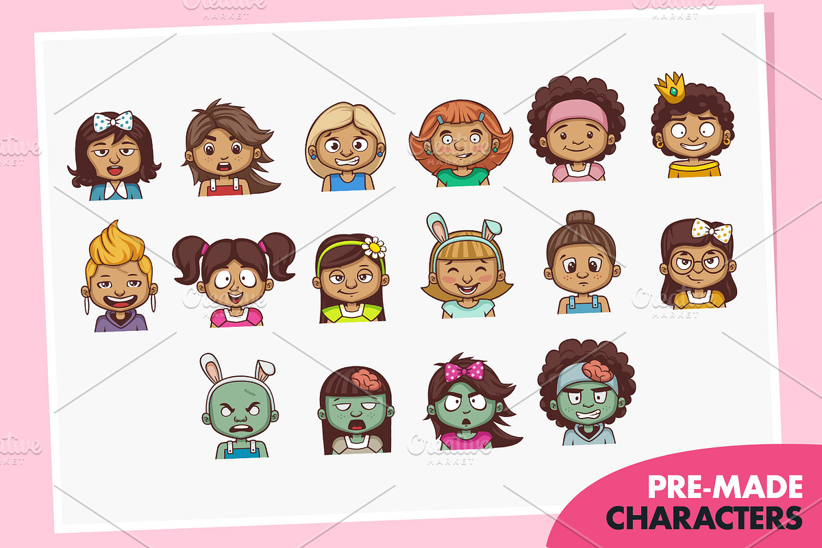 Cartoon Girl Avatar Creation Kit, a Person Illustration by wowu (Photo 4 of 8)