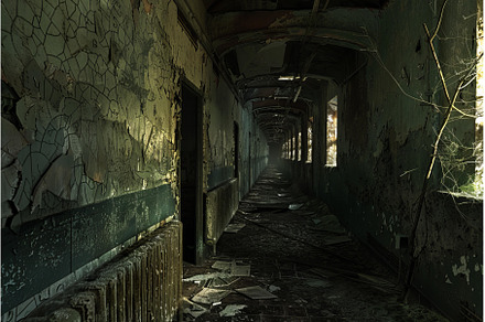 Long dark abandoned hospital, an Architecture Photo by Ylivdesign