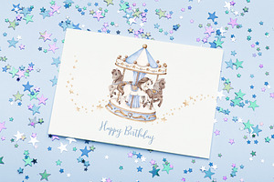 Carousel Watercolor Clipart Blue