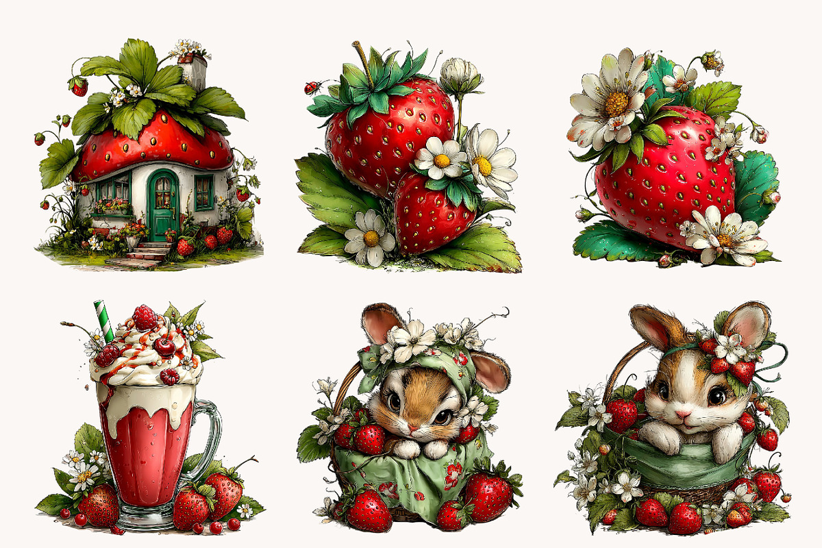 Whimsical strawberry Clipart, a Seasonal Illustration by Designworld (Photo 4 of 10)
