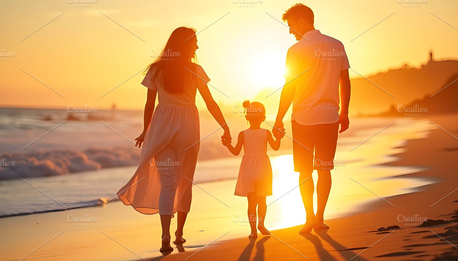 Happy family walking hand in hand on, a Photo by LOGOCREATIVE