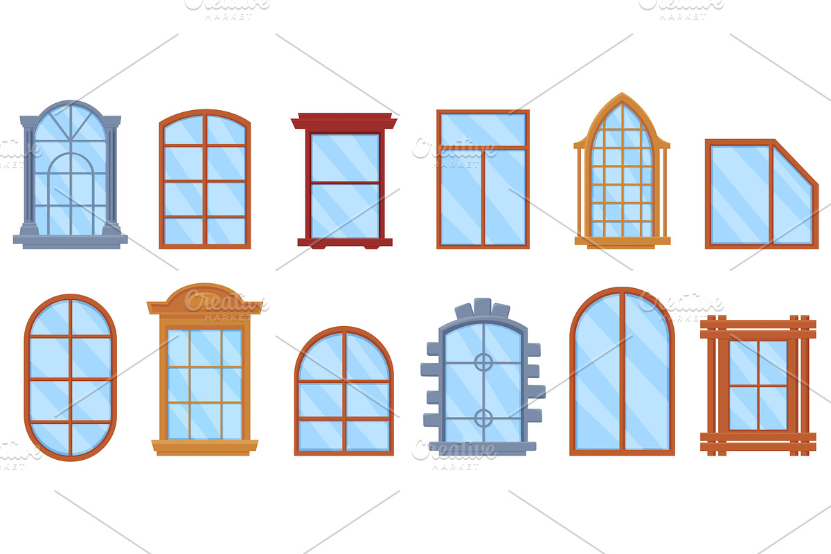 Cartoon wooden window frames. Facade, an Illustration by LadadikArt
