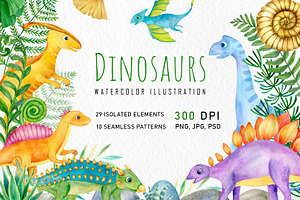 Watercolor Cute Dinosaurs Set