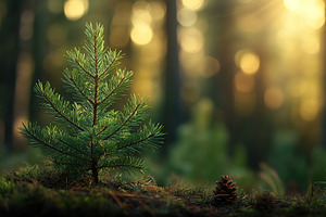 Young pine tree sapling planted in forest soil on sunset background, a Nature Photo by AlyaAnd