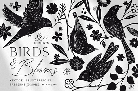 Birds & Blooms Vector Linocut Set, an Animal Illustration by rouxsupplyco