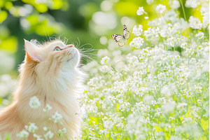 Fluffy cat gazes at butterfly amidst, an Animal Photo by Lermont51
