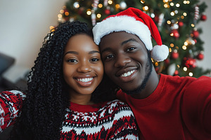 Happy young american couple dressed in knitted sweaters doing selfie on christm, a Holiday Photo by AlyaAnd