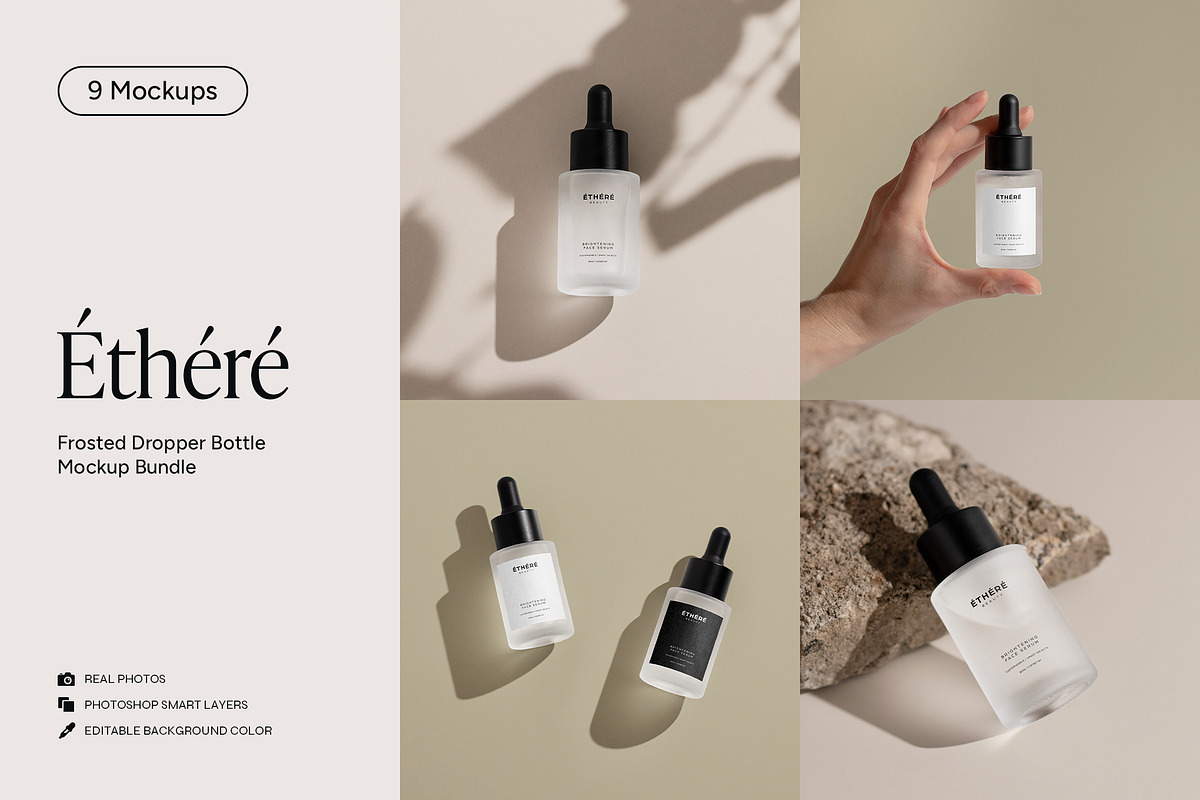 Frosted Dropper Bottle Mockup, a Packaging Mockup by Wildfield Studio (Photo 1 of 15)