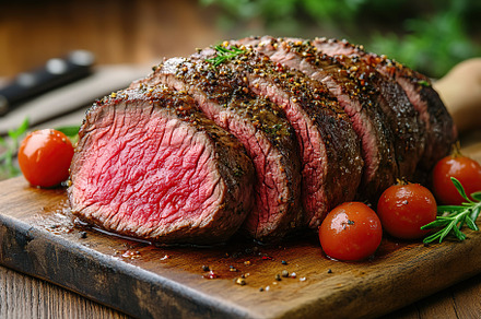 Rich meat dish garnished with fresh herbs and tomatoes on a wooden cutting boar, a Food & Drink Photo by AlyaAnd