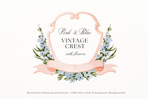 Pink Blue vintage crest with flowers