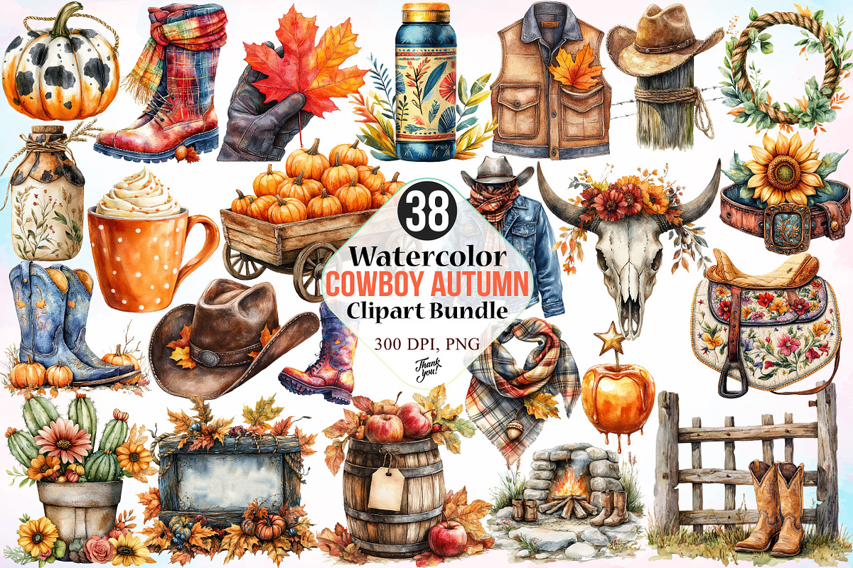 Watercolor Cowboy Autumn Clipart PNG, a Seasonal Illustration by Canvas Craft (Photo 1 of 3)