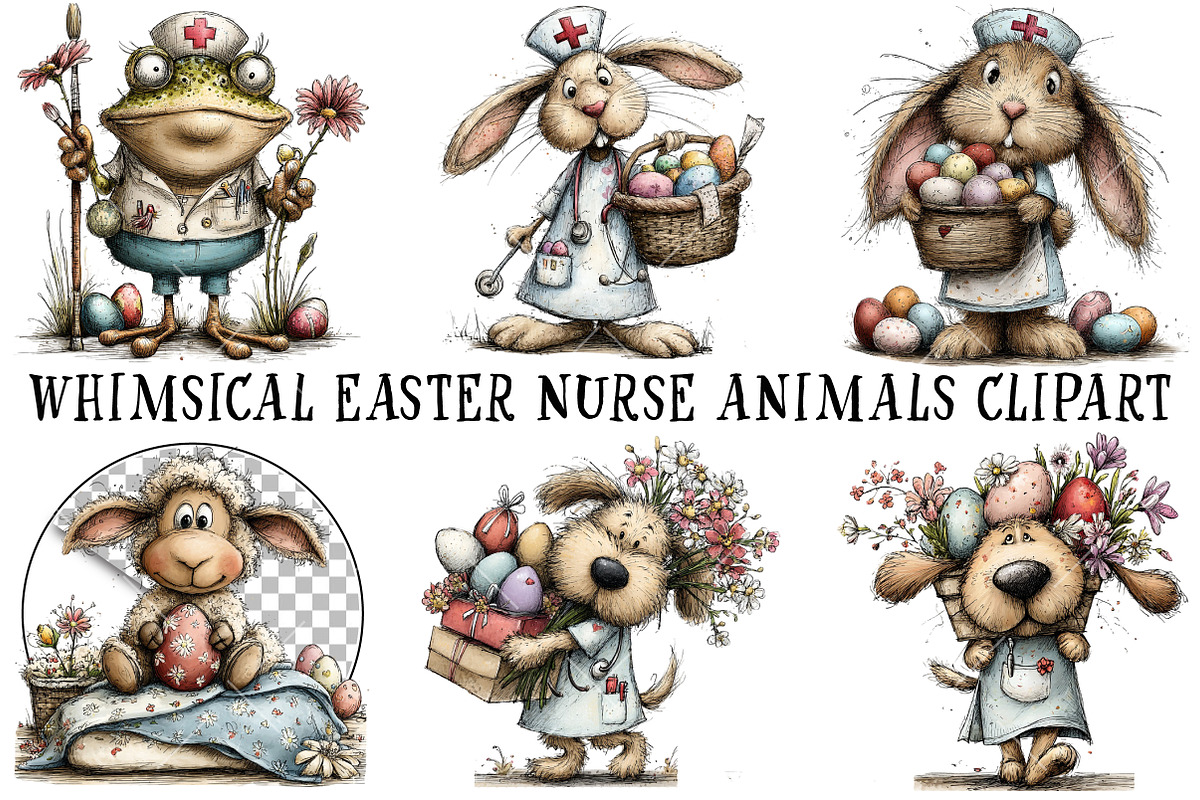 Whimsical Easter Nurse Animals Clipa, an Illustration by OK Design (Photo 2 of 6)